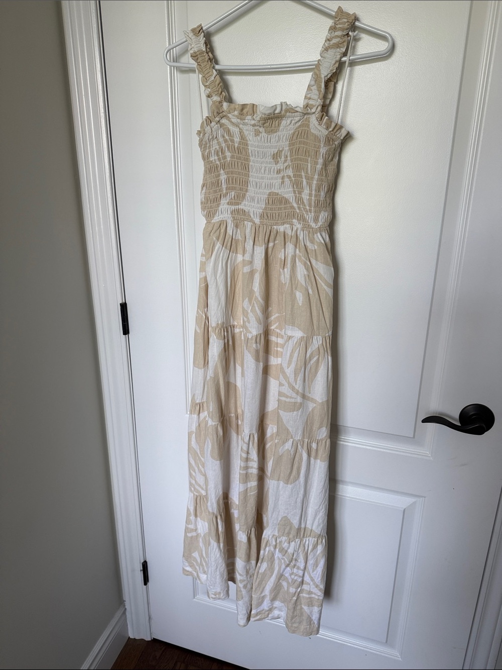 GAP Beige and White Tropical Smocked Maxi Dress